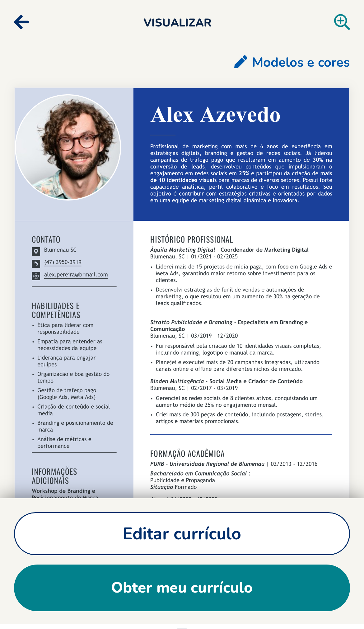 Baixar currículo finalizado no gerador de currículo pelo celular do Meu Currículo Perfeito