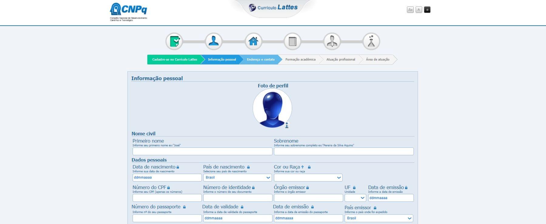 Página para incluir dados pessoais para o currículo Lattes.
