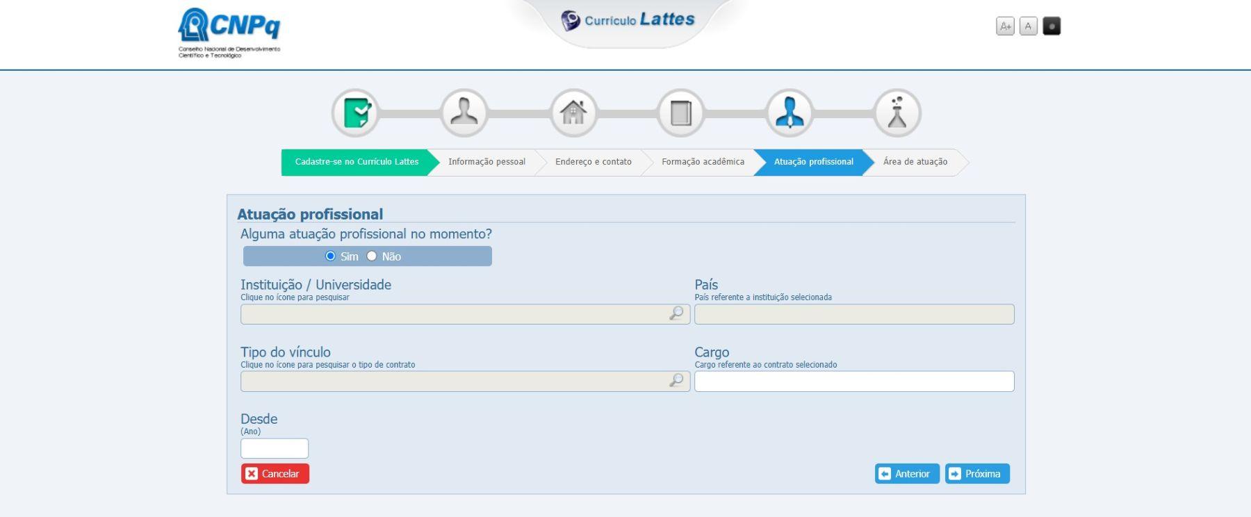 Página para incluir experiências profissionais no currículo Lattes.