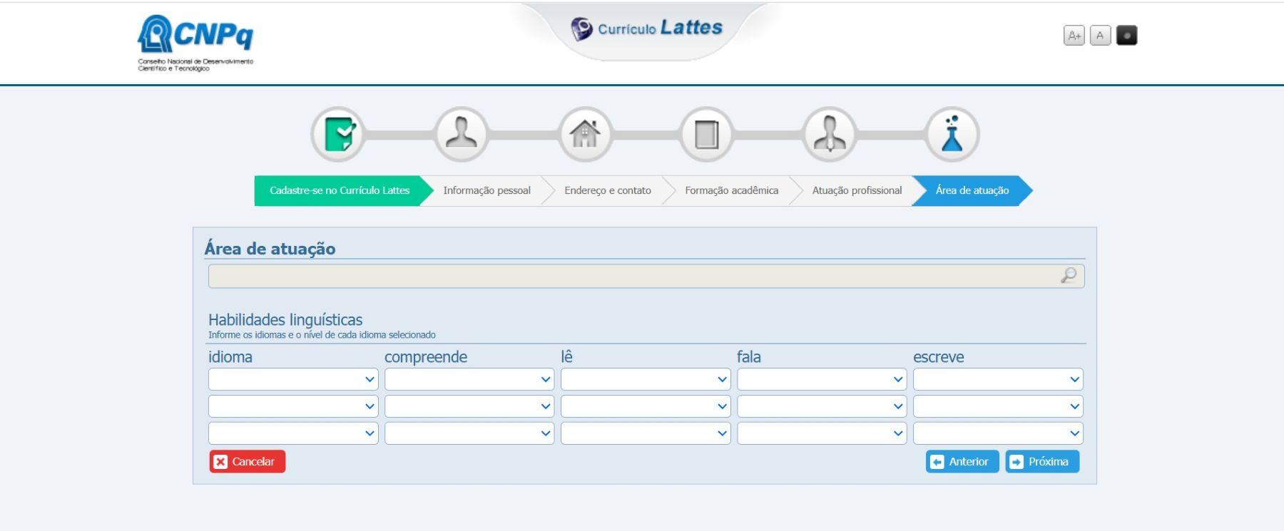 Página para incluir sua área de atuação e habilidades linguísticas no currículo Lattes.