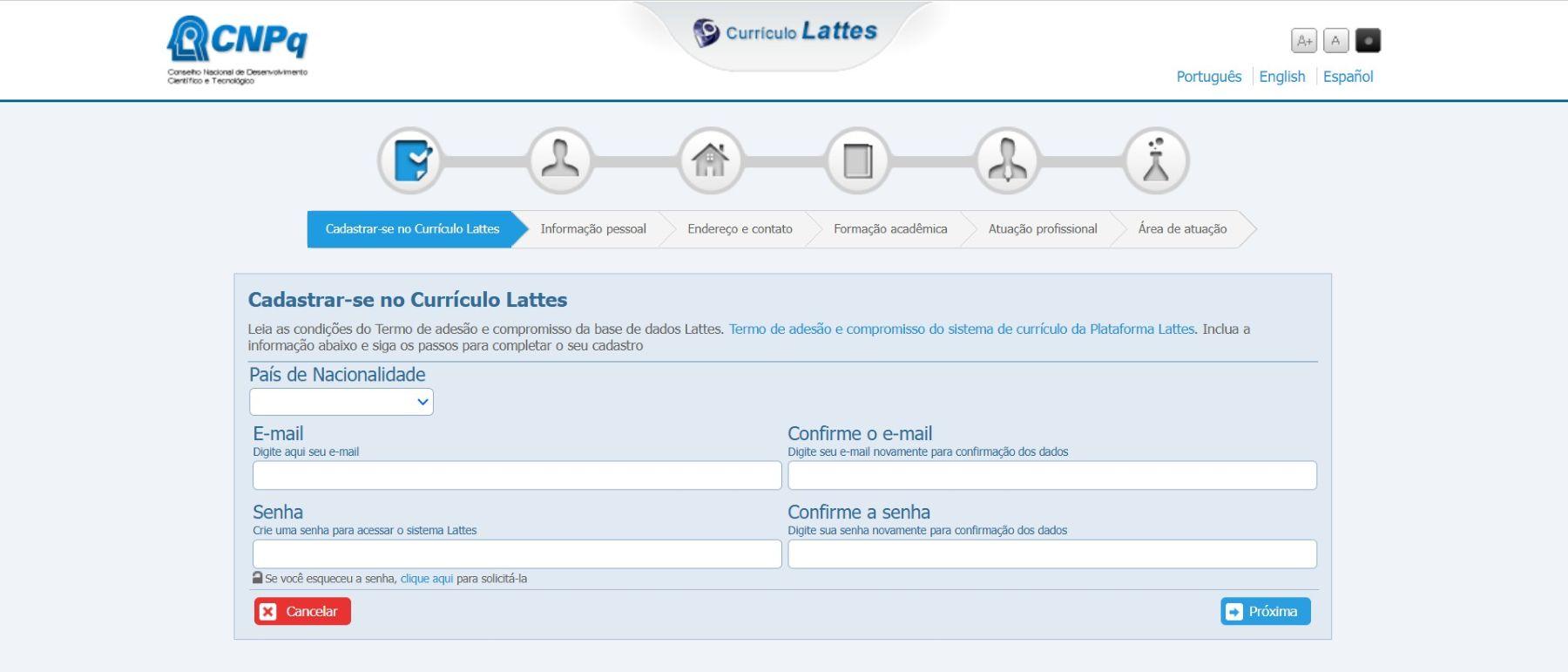 Página para se cadastrar na plataforma dedicada ao currículo Lattes.